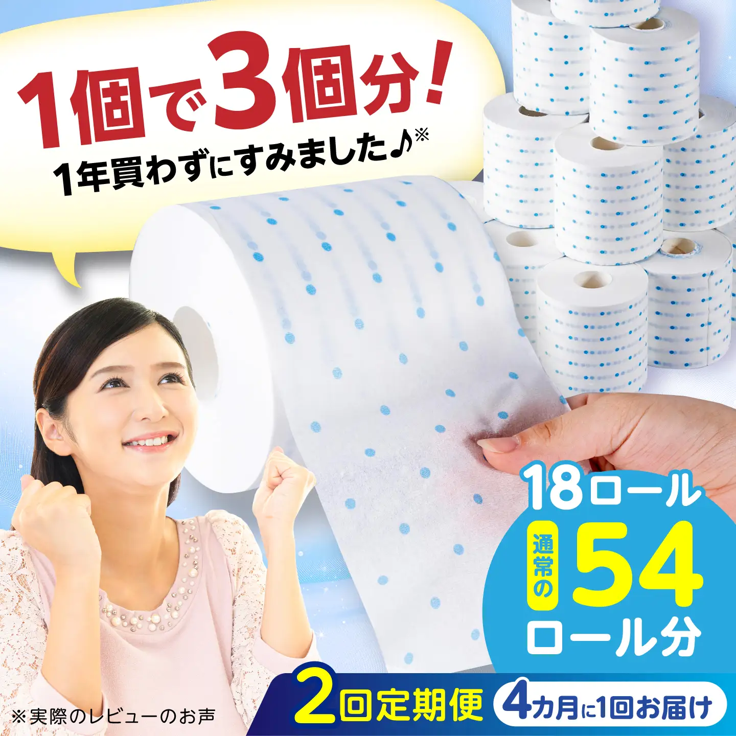 【2回定期便・4カ月に1回発送】 3倍長持ち トイレットペーパー サンハニー (水玉ブルー柄) 【機能素材株式会社】[ATAA015]