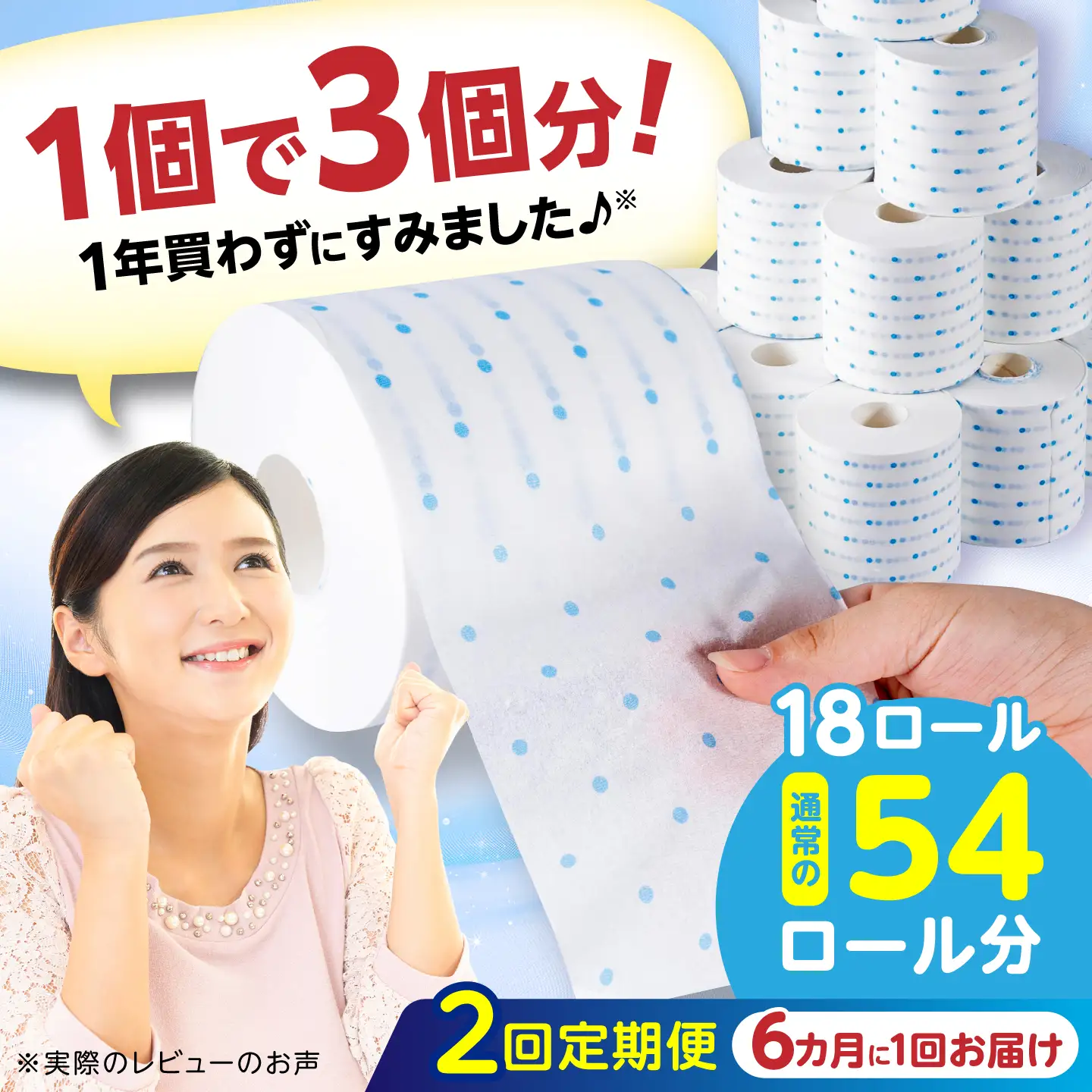 【2回定期便・6カ月に1回発送】 3倍長持ち トイレットペーパー サンハニー (水玉ブルー柄) 【機能素材株式会社】[ATAA019]