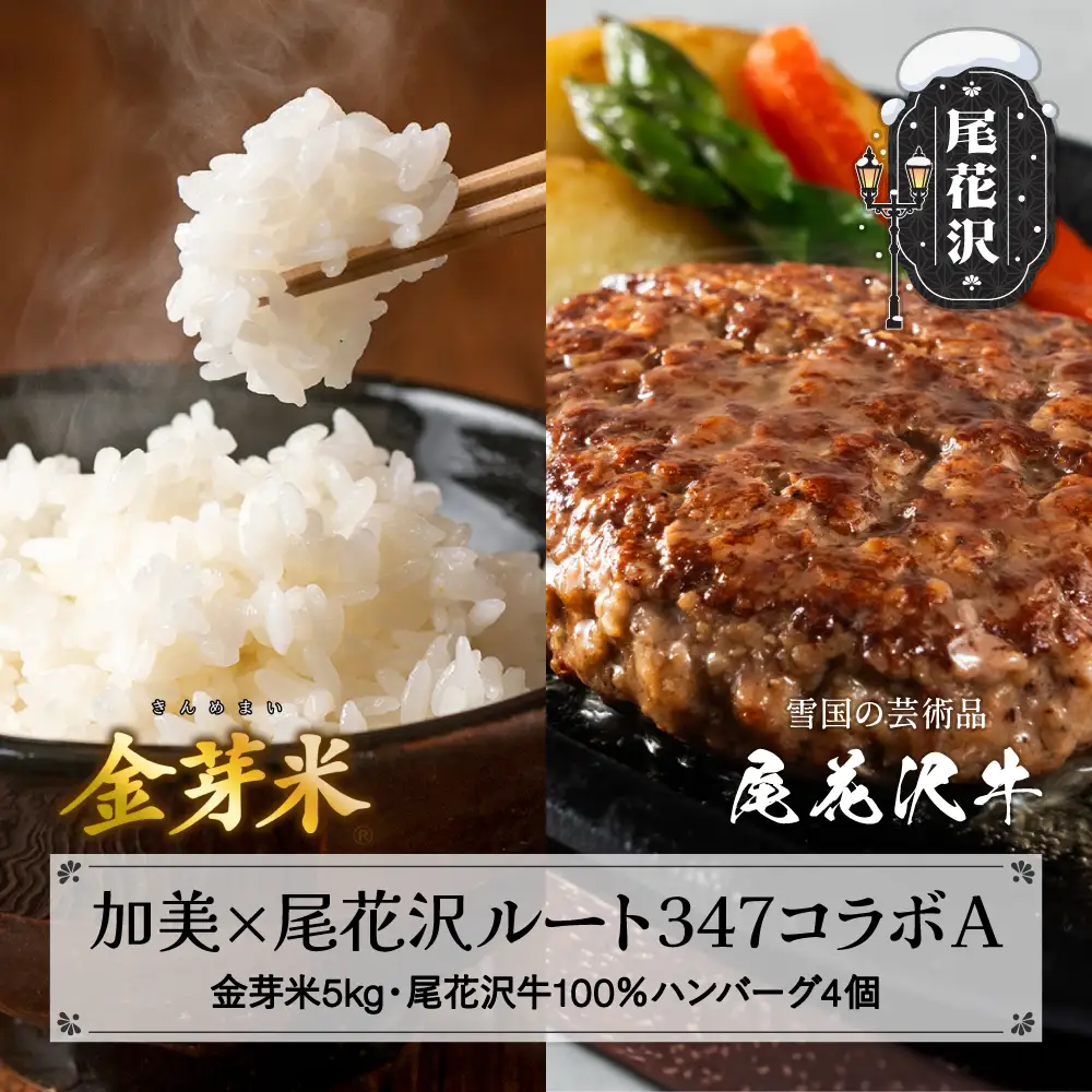【加美×尾花沢 ルート347コラボA】栄養と旨みの金芽米5kg×極上の旨み尾花沢牛100％ハンバーグ 4個入(簡易包装) njkm-hmk440knm05