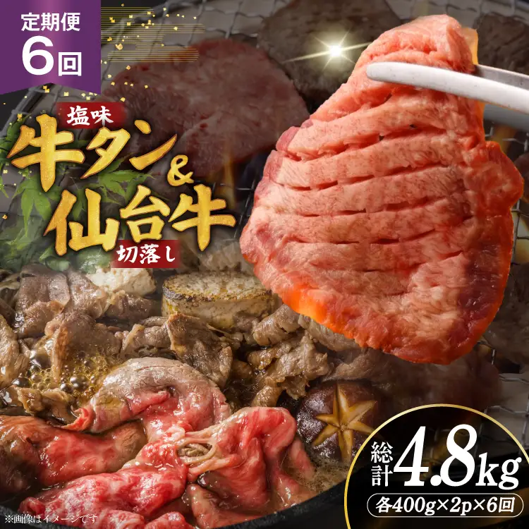 定期便 6回 牛タン 牛肉 お肉の宮城県堪能セット 厚切り牛タン 塩味・仙台牛 切り落とし 各 400g