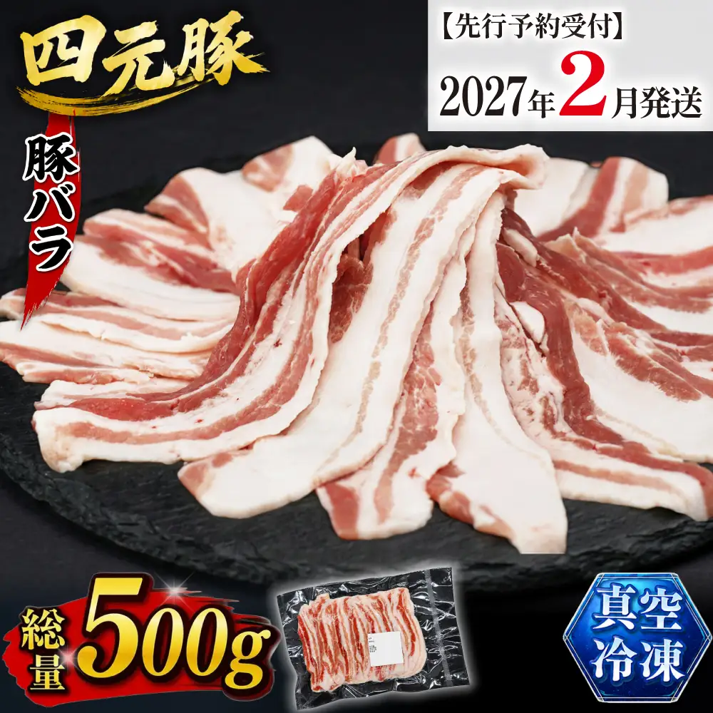 【2027年2月発送】国産 四元豚 豚バラ スライス 500g｜ 真空パック お試し用 「ありすぽーく」