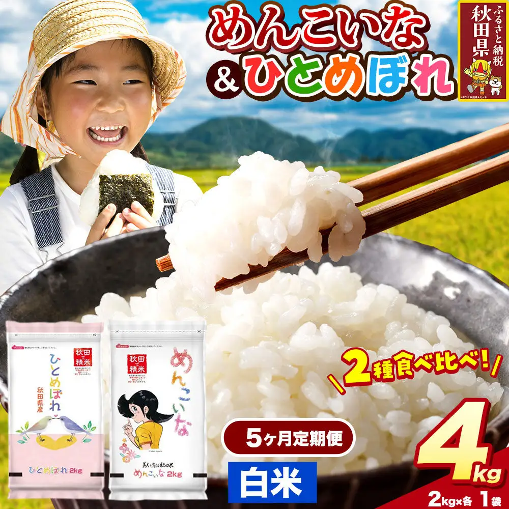 米《定期便5ヶ月》ひとめぼれ・めんこいな【白米（一般精米）】 米どころ秋田県産 令和8年産 精米 4kg（2kg×2袋）