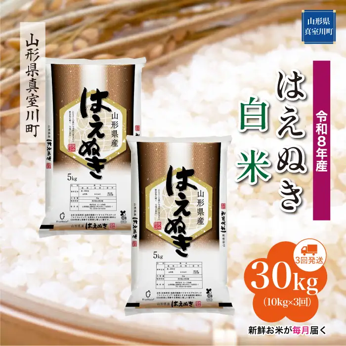 ＜令和8年産＞  はえぬき 【白米】30kg定期便 (10kg×3回） 山形県真室川町　お申し込み完了後２週間程度で発送　◆RR8H3010M-H9999