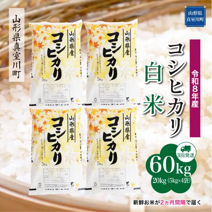 ＜令和8年産＞  こしひかり 【白米】60kg定期便(20kg×3回） 山形県真室川町　お申し込み完了後２週間程度で発送　◆RR8K6020M-H9999