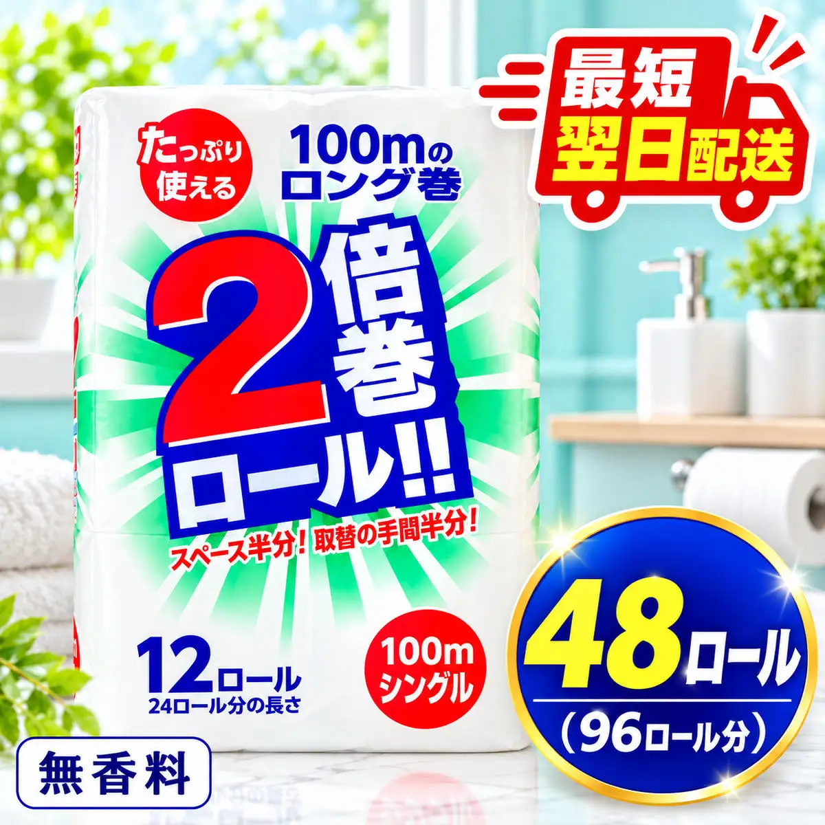 最短翌日発送 トイレットペーパー 倍巻き シングル 48ロール トイレット