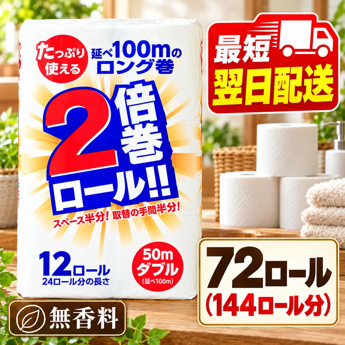 最短翌日発送 トイレットペーパー 倍巻き ダブル 72ロール トイレット