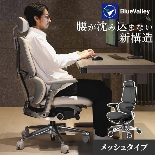 BlueValley ワークチェア KOQUE メッシュタイプ　インテリア 椅子 いす イス ワーキングチェア リクライニング 高級感 リモートワーク 在宅ワーク 東京都 大田区 グレー