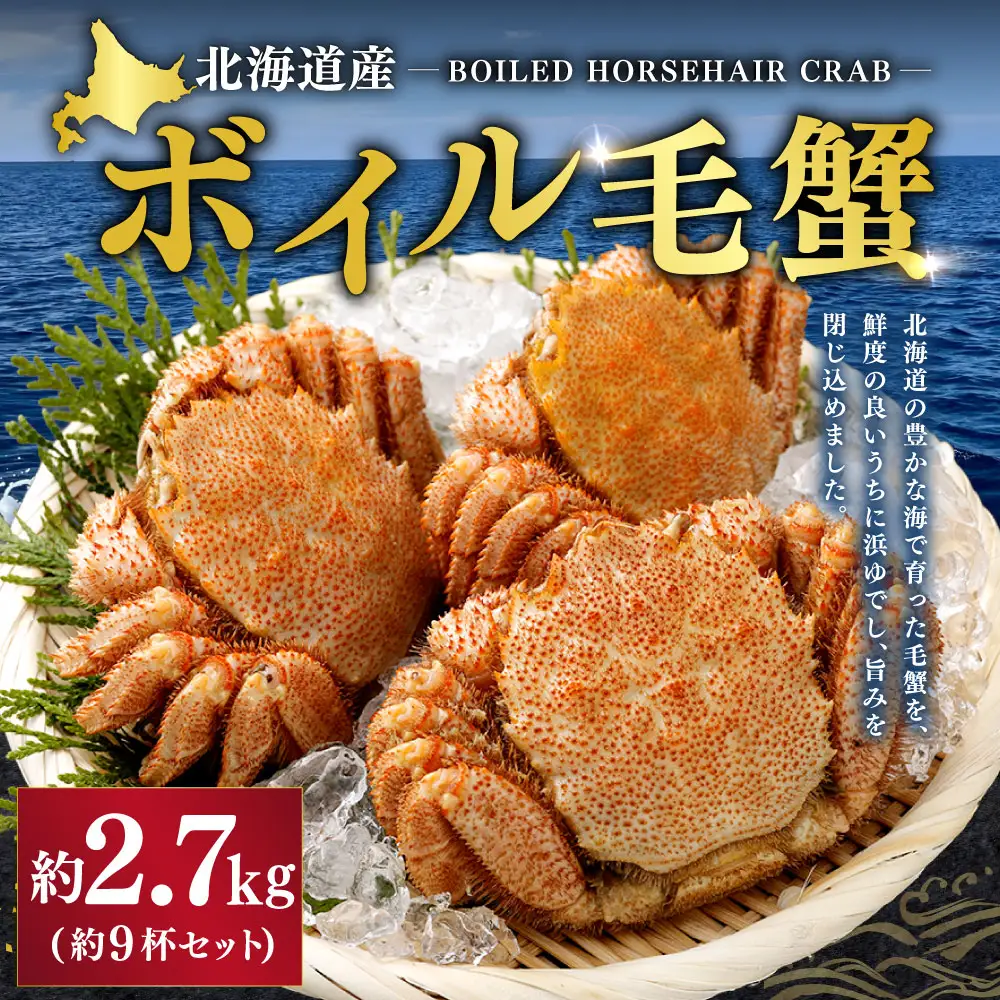 北海道産 ボイル毛蟹 9杯セット 約2.7kg カニ かに 蟹 毛蟹 毛ガニ 毛がに ボイル 蟹みそ 魚介 魚介類 海鮮 海の幸 贈り物 贈答用 プレゼント ギフト お祝い 国産 冷凍