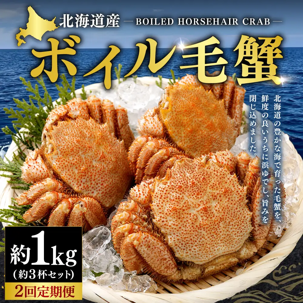[ 定期1ヶ月毎2回 ] 北海道産 ボイル毛蟹 3杯セット 約1kg カニ かに 蟹 毛蟹 毛ガニ 毛がに ボイル 蟹みそ 魚介 魚介類 海鮮 海の幸 国産 冷凍 定期配送 定期便