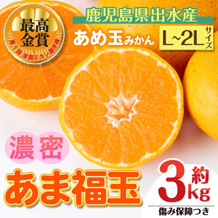i1364-A 先行予約受付中！＜2026年11月中旬～2027年1月下旬の間に発送予定＞【特別栽培・最高金賞】【特別栽培・最高金賞】あめ玉みかん・大玉サイズ  あま福玉 (L~2L / 約3kg・1箱＋傷み保障約200g(3～4玉)) みかん 蜜柑 ミカン 柑橘 果物 フルーツ 果実 国産 鹿児島 【Farmer friends Marche】