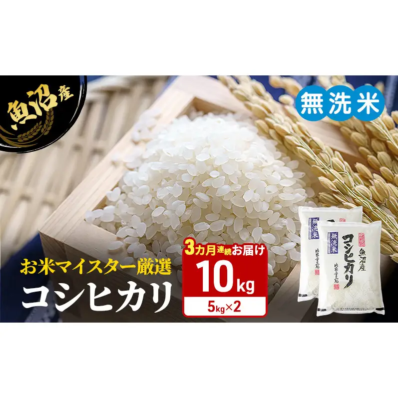 お米マイスター厳選　魚沼産コシヒカリ（無洗米）10kg（5kg×2）3カ月連続お届け 米 お米 こしひかり 定期 定期便 魚沼市