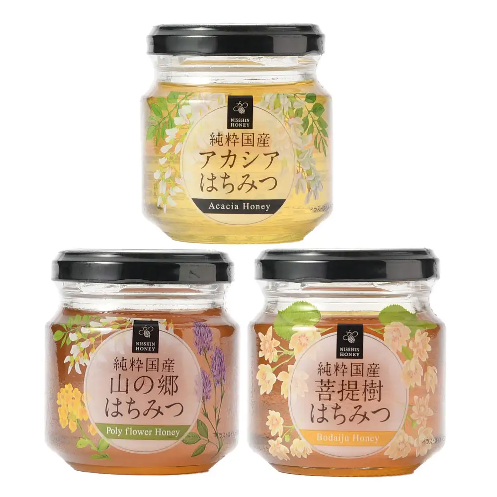 国産はちみつ 約120g × 3本入り 計約360g （ 山の郷 ・ アカシア ・ 菩提樹 各1本 ） はちみつ ハニー 日本産 ミネラル ビタミン 健康 栄養 加工品 洋菓子 和菓子 料理 常温 詰め合わせ 食べ比べ セット