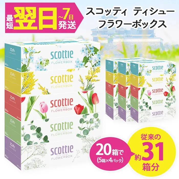 ティッシュペーパー スコッティ ティシューフラワーボックス 250組 × 20箱 ティッシュ 日用品