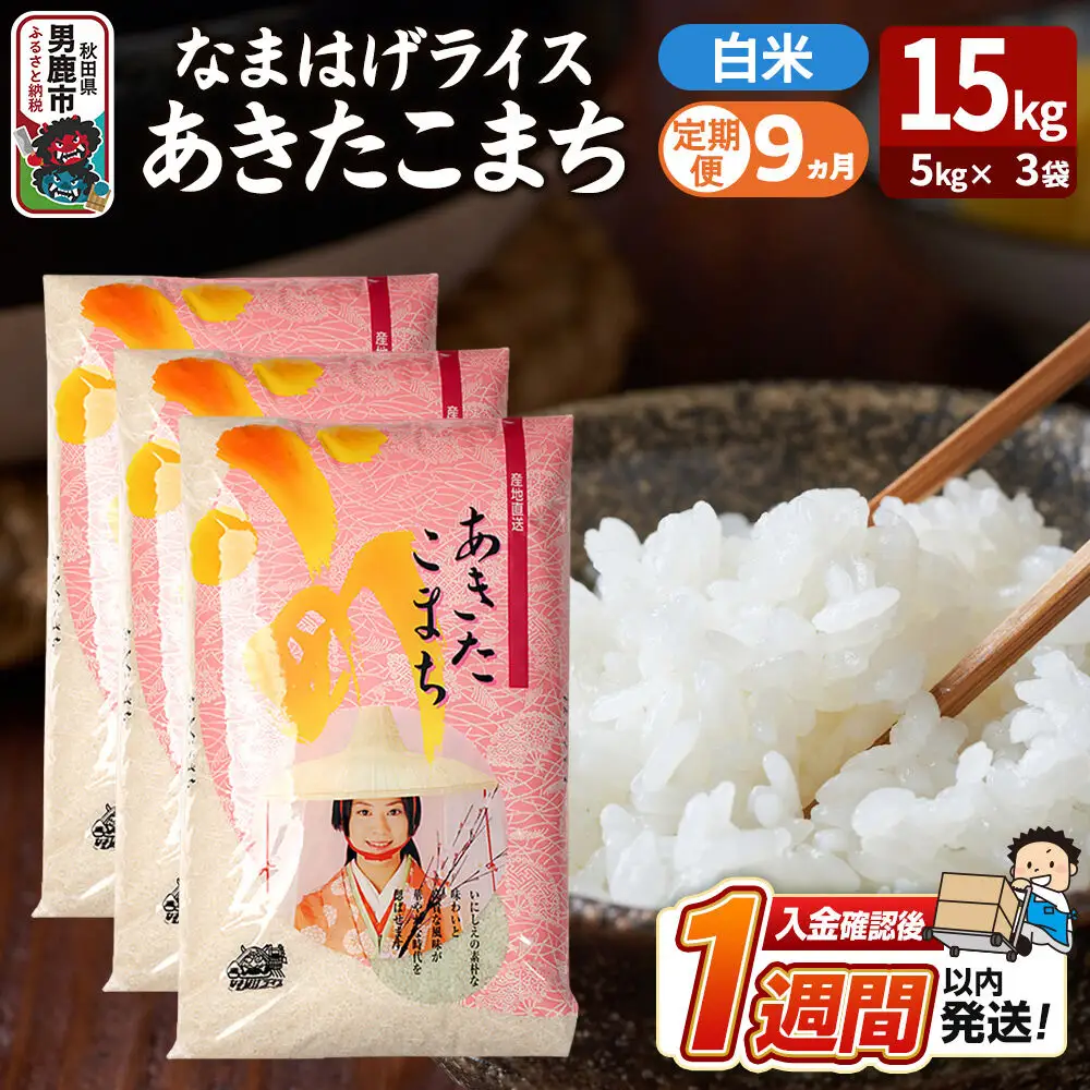 令和8年産新米《定期便9ヶ月》『なまはげライス』あきたこまち 白米 15kg（5kg×3袋）吉運商店 秋田県 男鹿市 精米 お米 お弁当 おにぎり