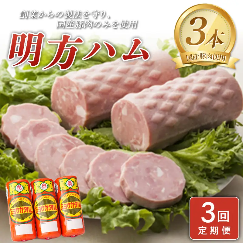 【3回定期便】明方ハム 3本【JAめぐみの農業協同組合】 ハム おつまみ 惣菜 晩酌 ディナー 弁当 ビール ワイン 酒のお供 食べ比べ 詰め合わせ 肉 食品 国産 豚肉 岐阜県 坂祝町 さかほぎ F6M-419