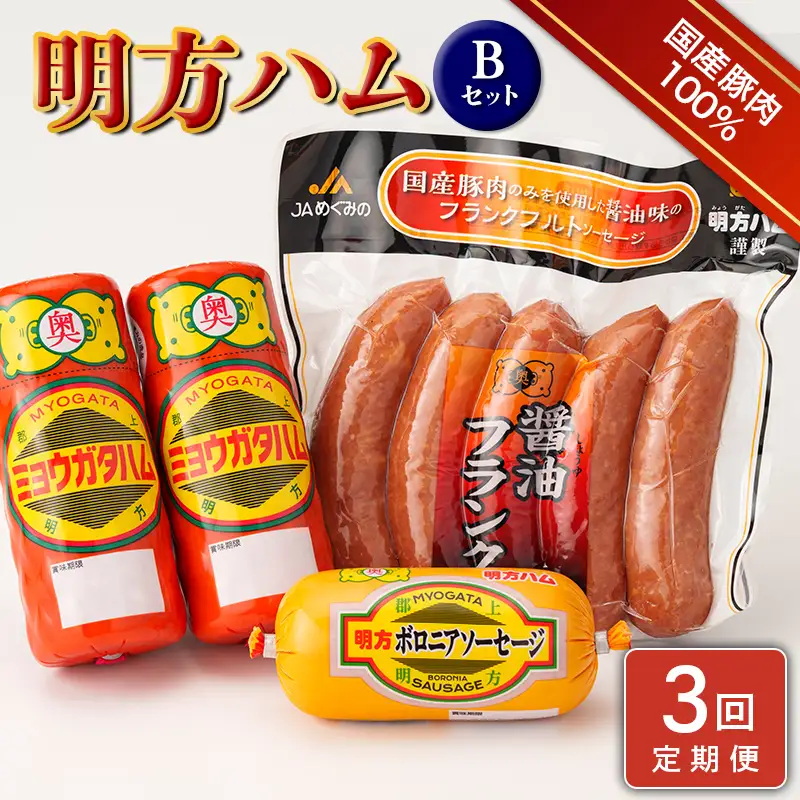 【3回定期便】明方ハム Bセット【JAめぐみの農業協同組合】 ソーセージ ハム フランクフルト フランク おつまみ 惣菜 晩酌 ディナー 弁当 ビール ワイン 酒のお供 食べ比べ 詰め合わせ 肉 食品 国産 豚肉 岐阜県 坂祝町 さかほぎ F6M-421