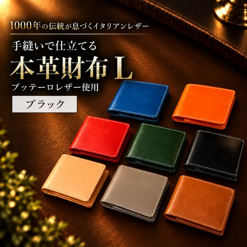 ブラック 本革 二つ折り財布｜財布 黒