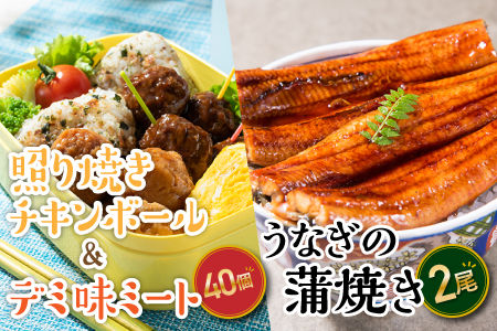 A1440.うなぎの蒲焼２尾＆デミ味ミート＆照り焼きチキンボール４０個（２種×２０個）【新宮町レインボーセット】
