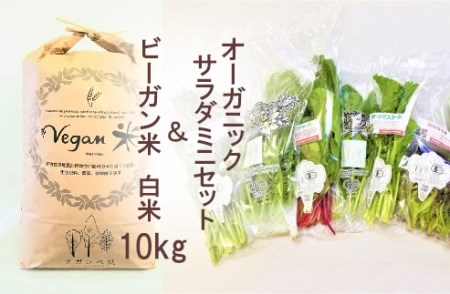 CQ024_オーガニックサラダミニセットとビーガン白米10㎏【植物性で育てた完全無農薬のサガンベジブランド】