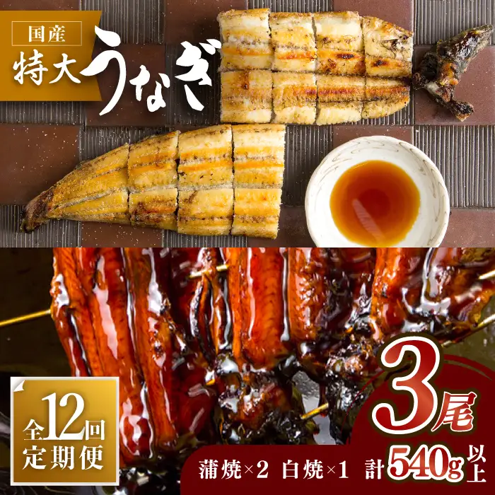 【12回定期便】こだわりの国産うなぎ蒲焼・白焼3枚セット（うなぎ蒲焼2枚・白焼1枚） [FAD005]