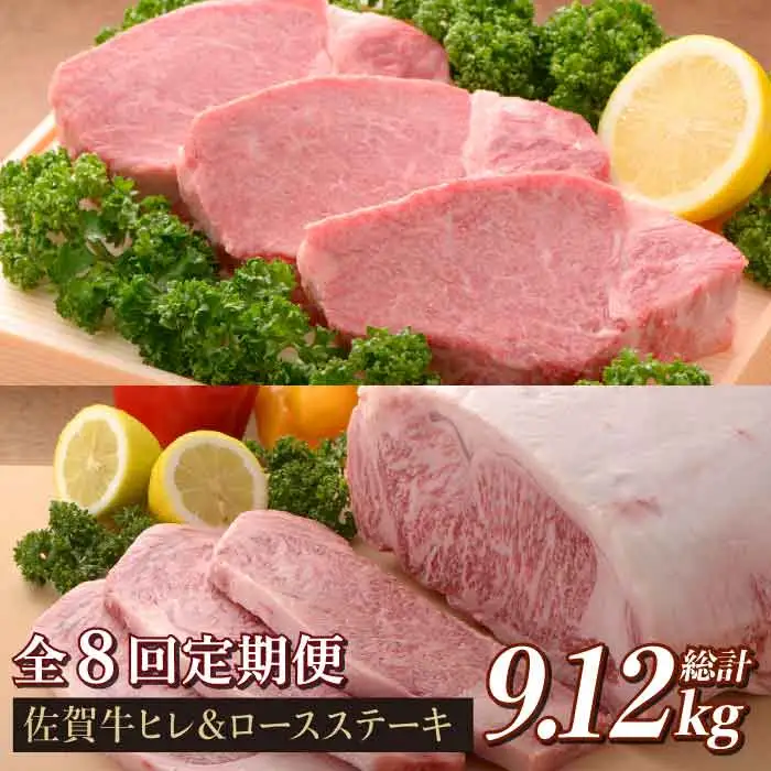【全8回定期便】佐賀牛ヒレステーキ＆ロースステーキ 総計9.12kg 吉野ヶ里町/石丸食肉産業 佐賀牛 牛肉 肉 国産 ブランド牛 ヒレ ロース ステーキ [FBX022]