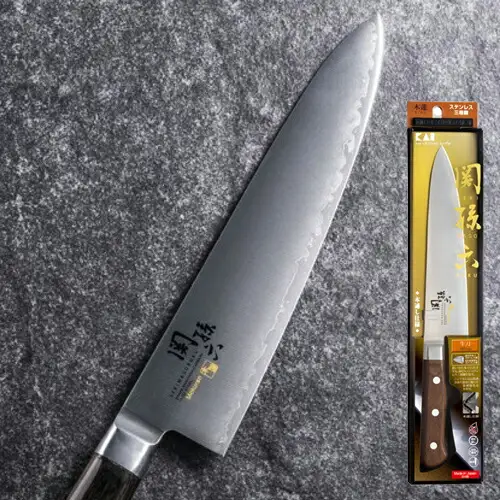 ＜湿式砥石を使用した本格刃付＞ ◇貝印 関孫六 木蓮 牛刀 180mm （本通し・一体口金・ステンレス三層鋼）