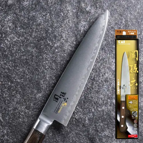 ＜湿式砥石を使用した本格刃付＞ ◇貝印 関孫六 木蓮 ぺティ 120mm （本通し・一体口金・ステンレス三層鋼） 
