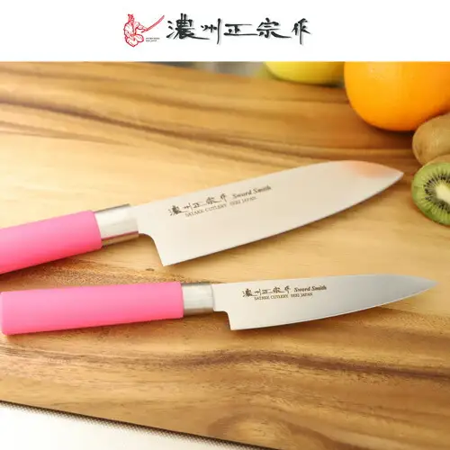 ピンク　【濃州正宗作　料理包丁２点セット】　70年以上の歴史ある工場がつくる樹脂ハンドルの和包丁　H10-78