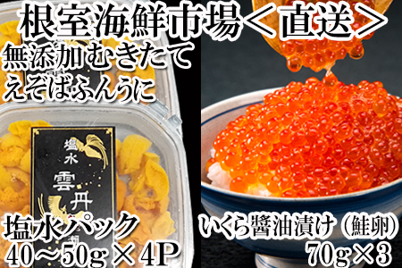 根室海鮮市場[直送]無添加エゾバフンウニ塩水パック(赤系)40～50g×4P、いくら醤油漬け70g×3P F-28005