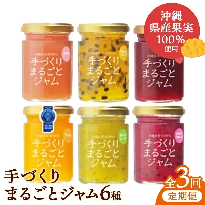 【2ヶ月に1度の定期便：全3回】しらかわファームの手づくりまるごとジャム6種 - 手づくり 6個 詰め合わせ セット 定期便 隔月 3回お届け マンゴー ドラゴンフルーツ 秋ミカン カーブチー グアバ ローゼル ハイビスカス パッション 南国 手作り 果実100％ おすすめ 沖縄県 八重瀬町