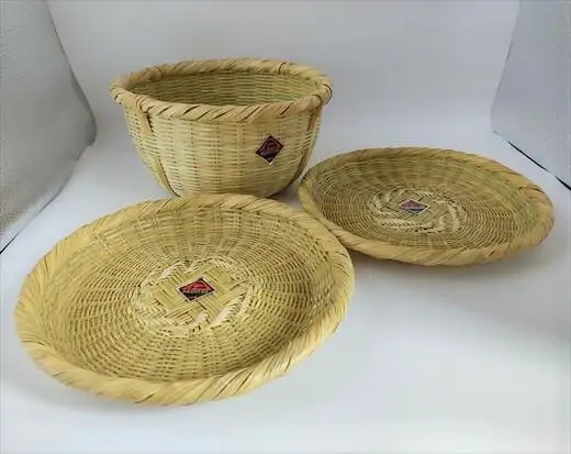 富士北麓”勝山”スズ竹細工「中皿2枚＋米研ぎザル大(5合)」セット 山梨県伝統工芸品