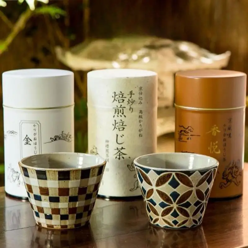 【柳桜園×京焼】人気ほうじ茶缶３種詰合せ×谷口晋也作 猪口湯呑２客「市松」「七宝」