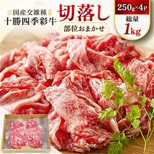 十勝四季彩牛切落し(部位おまかせ)総量1kg(250g×4P)【国産交雑種】_牛肉 肉 牛 切り落とし 切り落し 切落し カタ バラ モモ 精肉 にく お肉 霜降り 十勝四季彩牛 すき焼き 牛丼 ギフト プレゼント 冷凍 送料無料_【配送不可地域：離島】【1211793】