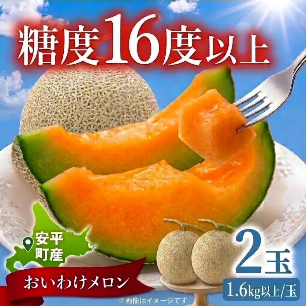 <数量・期間限定> メロン 糖度16度以上 1.6kg以上 ×2玉 3.2kg おいわけメロン 赤肉メロン スイーツ デザート 果物 国産 北海道 安平町 プレゼント 贈答 ギフト