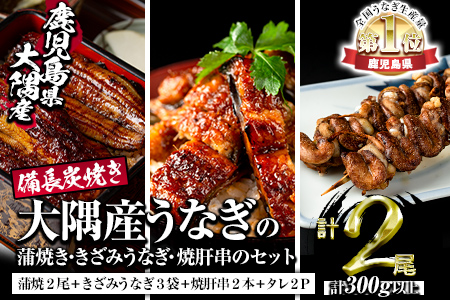 【45749】秘伝のタレ付き！大隅産うなぎ(蒲焼き2尾・きざみうなぎ3袋・焼肝串2本)セット！創業50年以上の老舗職人が備長炭で焼き上げた贅沢な蒲焼き！【うなぎ太郎】
