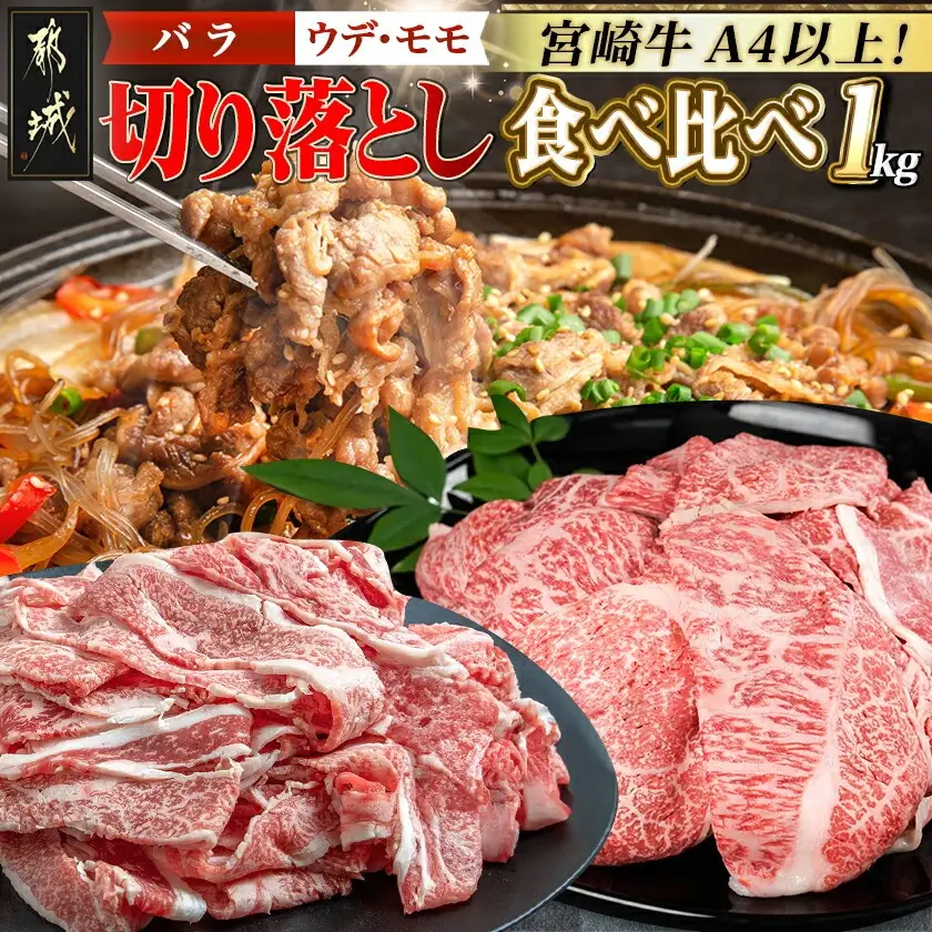 宮崎牛切り落とし食べ比べ1kg_〔MJ-25-015〕_(都城市) 牛肉 ブランド和牛 牛バラ切落し肉 ウデ モモ切落とし肉 500g 薄切り肉 牛バラスライス 牛小間切れ 国産黒毛和牛 お取り寄せ グルメ