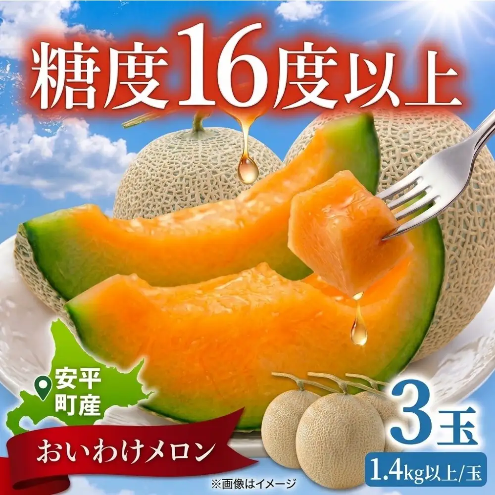 メロン ＜数量限定＞ おいわけメロン 糖度16度以上 1.4kg前後×3玉 赤肉 北海道 安平町産 【1137369】