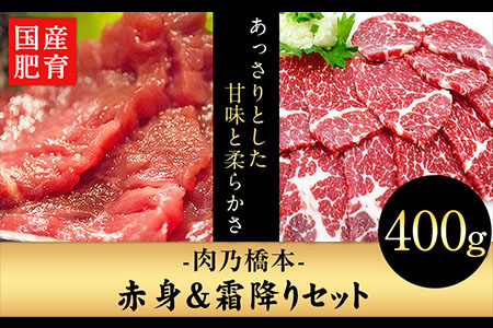 馬刺・赤身&霜降りセット 計400g 《60日以内に出荷予定(土日祝除く)》 赤身馬刺し 霜降り馬刺し 肉乃橋本 冷凍 ブロック