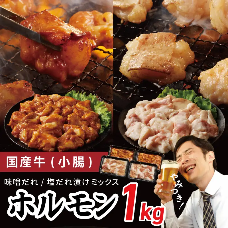 国産 牛肉 ホルモン 1kg 味付けMIX 味噌／塩だれ 焼肉用 小分け 250g×4P