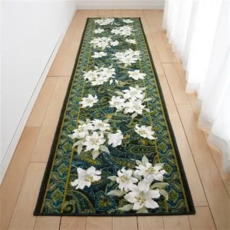 日本製 廊下カーペット 80cm×340cm 【ユリ柄】 滑り止め加工 (グリーン)【1264365】