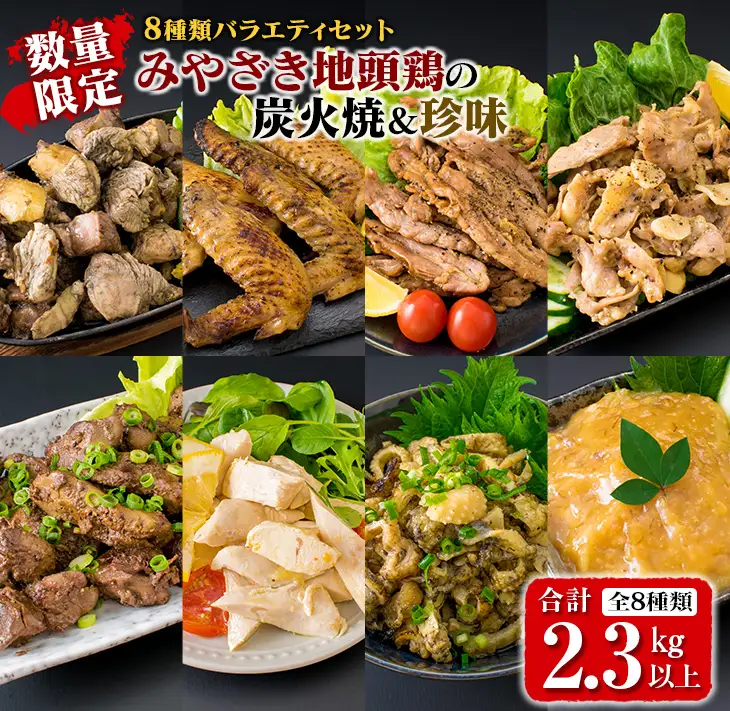 数量限定 8種類 バラエティ セット みやざき地頭鶏 炭火焼 手羽先 せせり 珍味 合計2.3kg以上 鶏肉 チキン 国産 地鶏 加工品 惣菜 簡単調理 宮崎名物 おかず おつまみ お弁当 詰め合わせ ギフト プレゼント おすすめ お取り寄せ グルメ 日南市 送料無料_F46-20