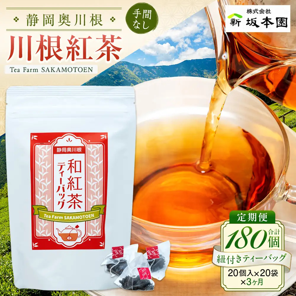 20-9 【定期便】川根紅茶 紐付きティーバッグ180個(20個入×3袋×3ヶ月)