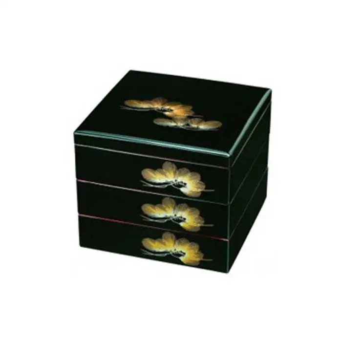 紀州漆器 三段重箱 黒 若松（内朱塗） ［YS20］