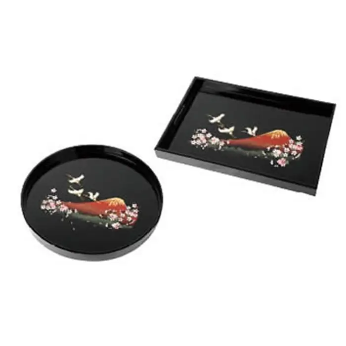 紀州漆器 長手盆 丸盆 2枚セット 富士に桜 (木製 カシュー漆塗り)［YS28］