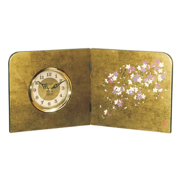 木製　金箔屏風時計　しだれ桜