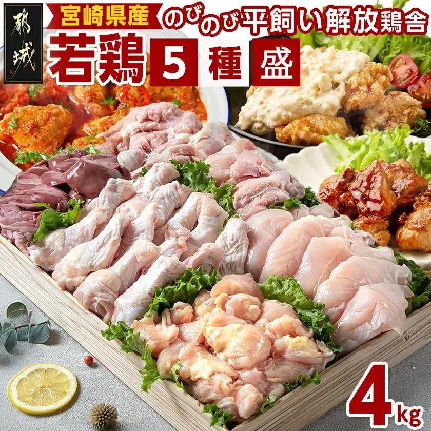 宮崎県産若鶏 5種盛4kgセット〔AA-G302〕_(都城市) 鶏肉 モモ ささみ 手羽元 各1kg 肩小肉 レバー 各500g 冷凍