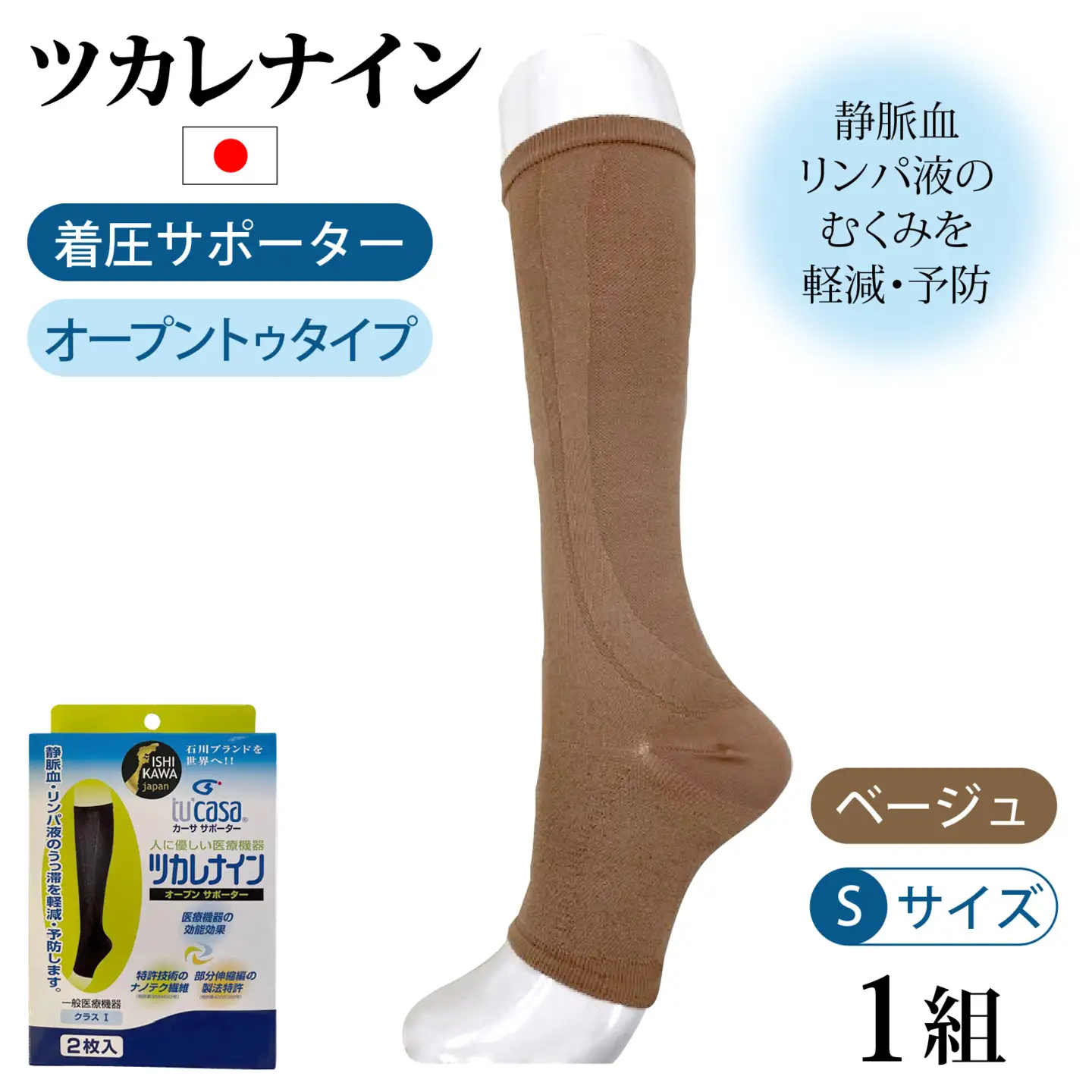 ツカレナイン　着圧サポーター【オープントゥ】（ベージュ：Ｓ）　１ペア