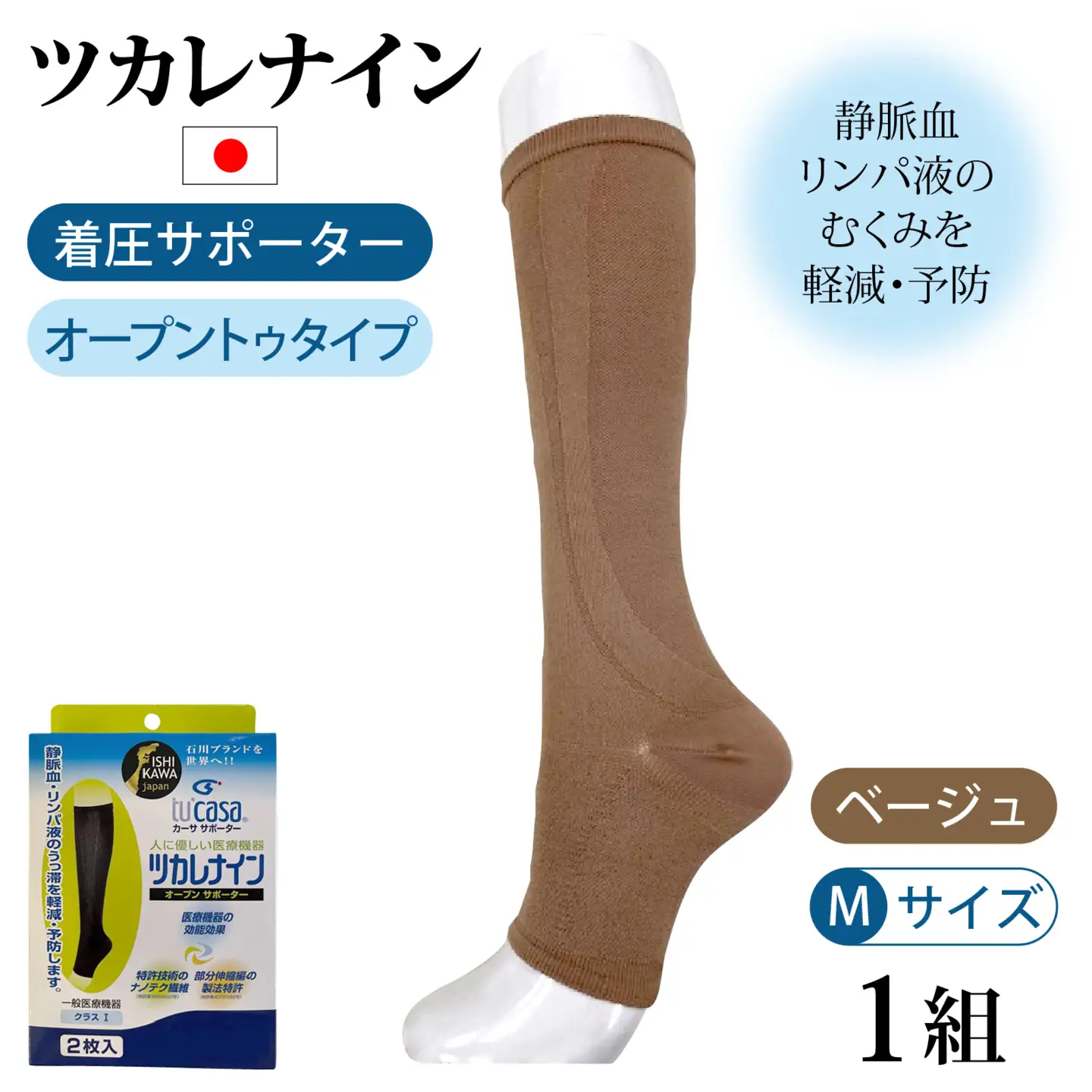 ツカレナイン　着圧サポーター【オープントゥ】（ベージュ：Ｍ）　１ペア