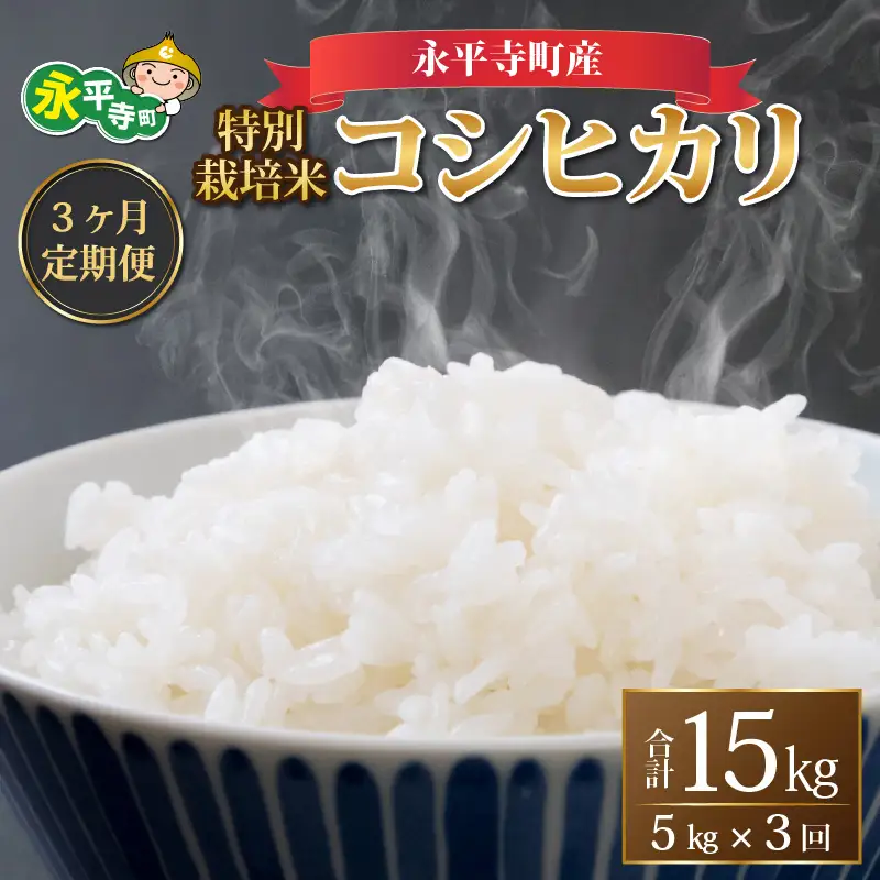 【3ヶ月定期便】【白米】 令和8年度産　新米 永平寺町産 農薬不使用・化学肥料不使用 特別栽培米 コシヒカリ 5kg×3ヶ月 計15kg 10月上旬より順次発送開始予定】[E-033014]