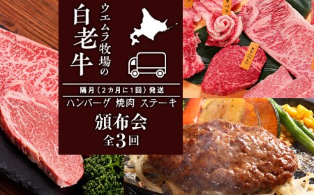 定期便 頒布会 全3回 お楽しみ 白老牛 ハンバーグ 焼肉 ステーキ ウエムラ牧場 牛肉 ハンバーグ 焼肉 ステーキ サーロイン ショトーブリアン 白老牛 黒毛和牛 北海道 チーズ 北海道ふるさと納税
